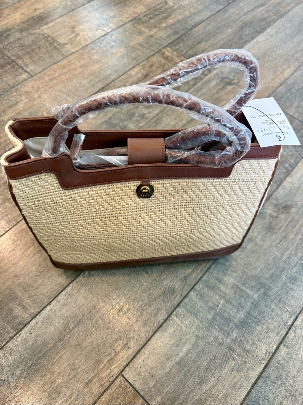 Vintage Etienne Aigner Woven Straw Tote Bag in Brown & Cream - Picture 2 of 9